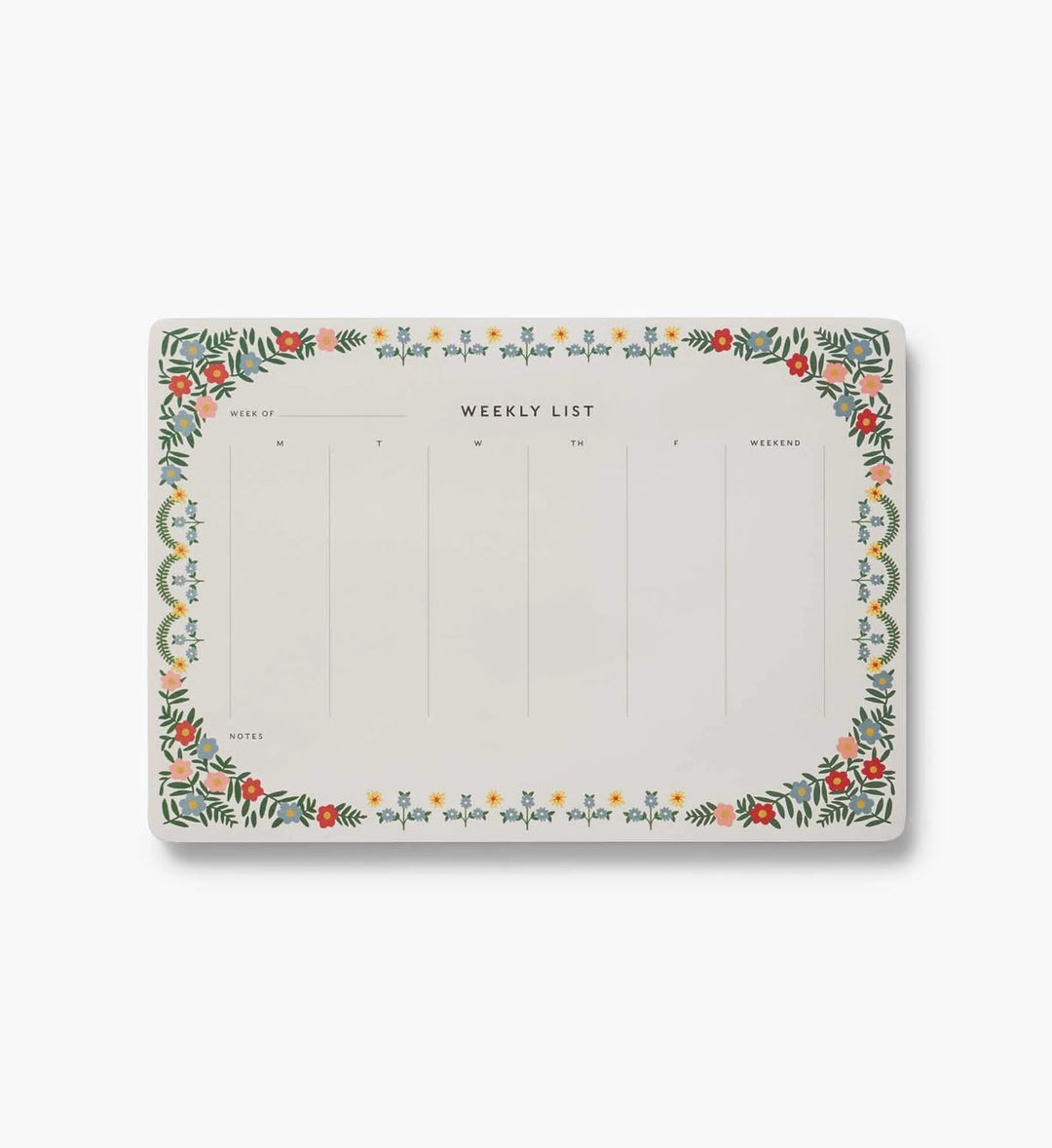 A weekly planner notepad with a decorative botanical border in green, red, orange, and yellow on a white background, shown on a light gray studio background.