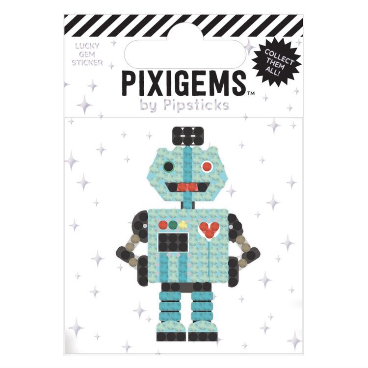 Packaged Pixigems by Pipsticks robot figurine on a white background