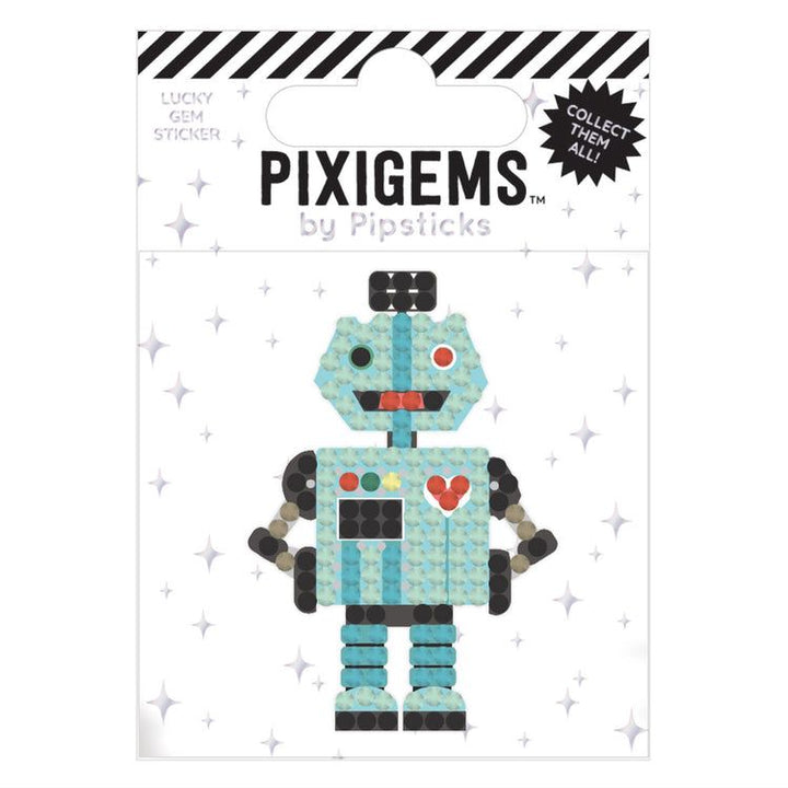Packaged Pixigems by Pipsticks robot figurine on a white background