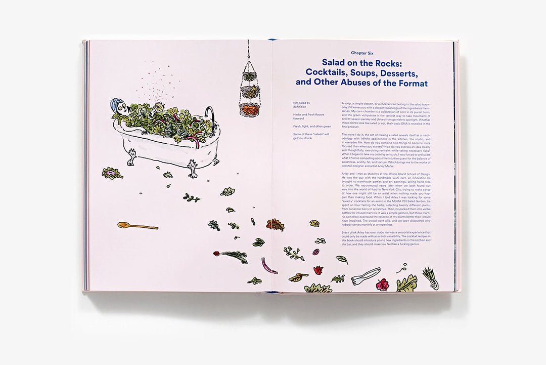 An open book spread photographed from above on a light gray background. The pages are pale pink with a hand-drawn illustration of a bathtub filled with salad, scattered herbs and food pieces, and a hanging plant.