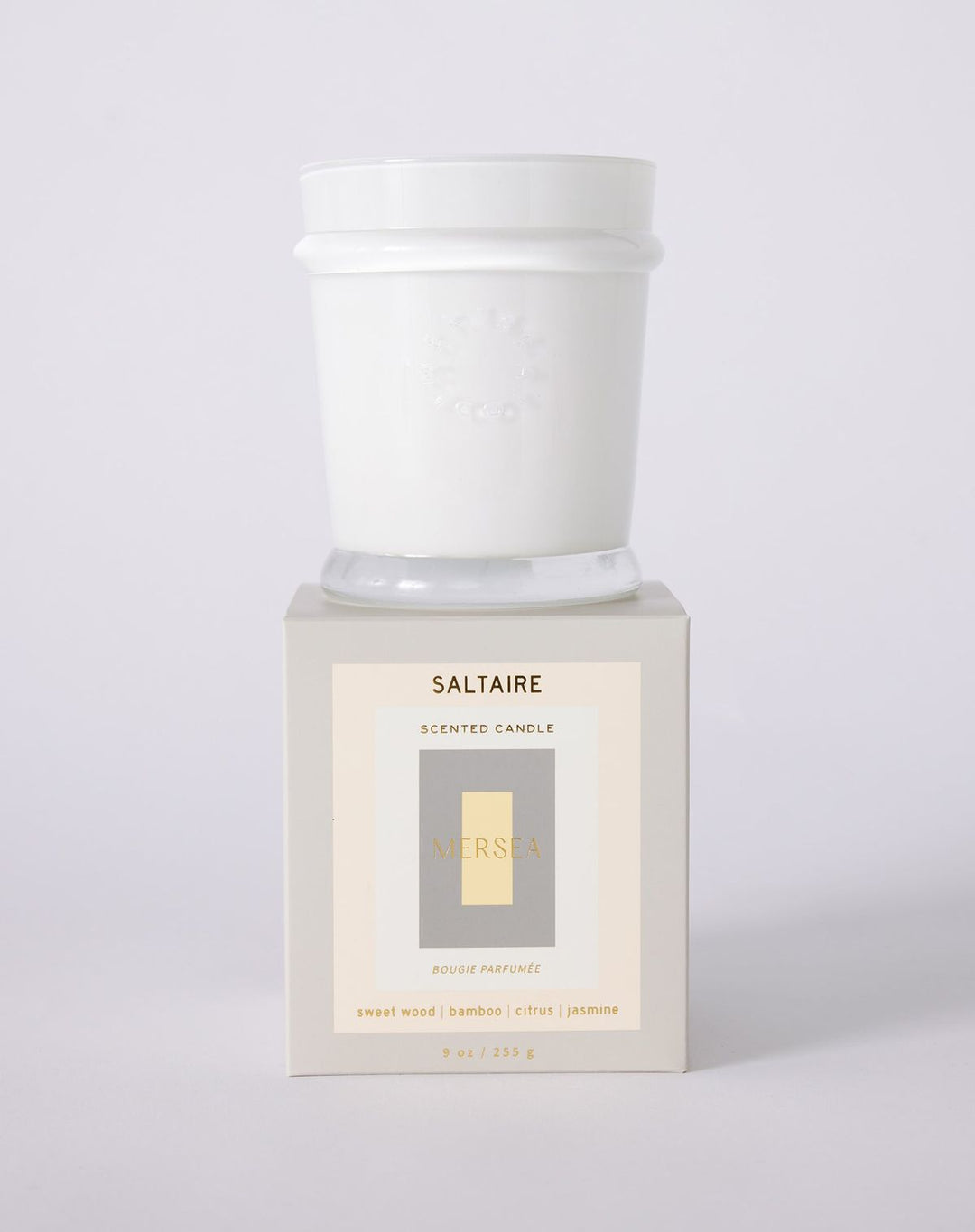 Saltaire scented candle on a white background