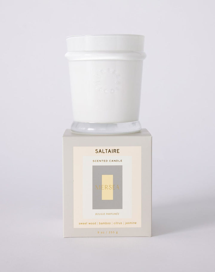 Saltaire scented candle on a white background