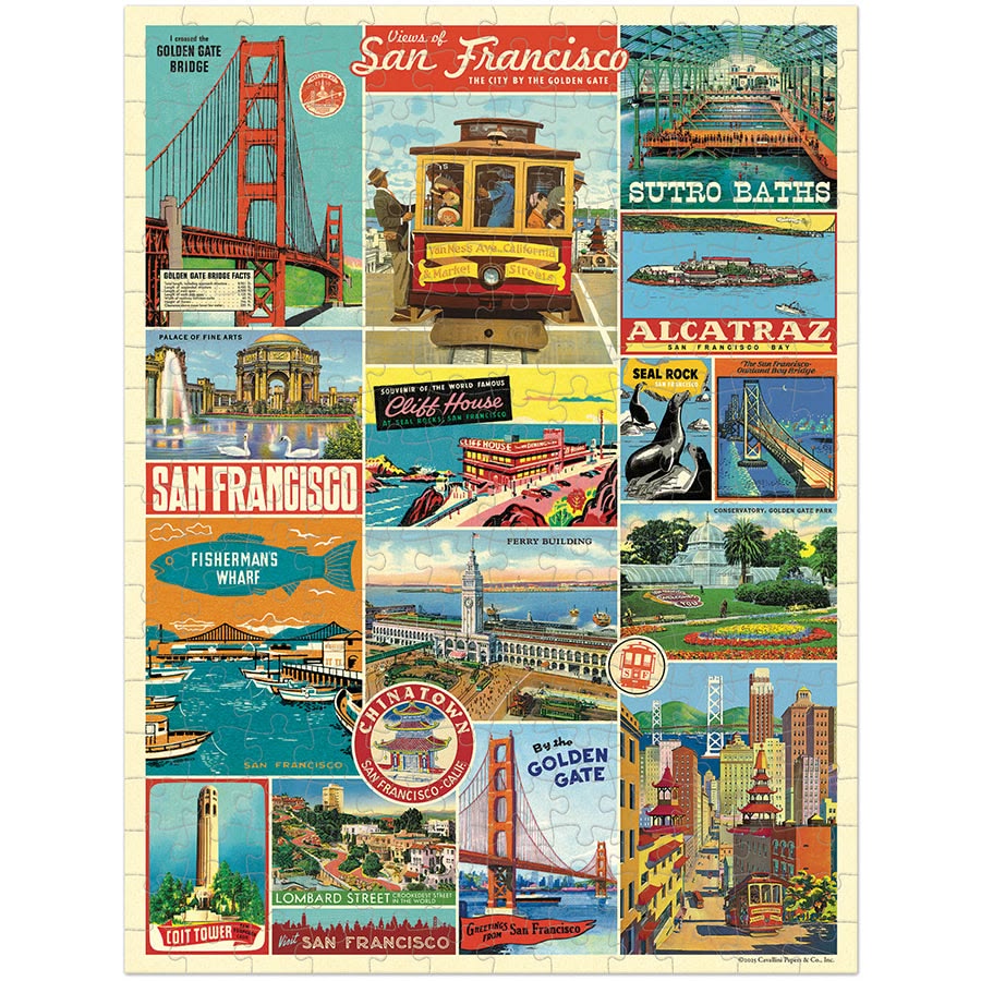 Collage of vintage-style travel posters featuring San Francisco landmarks.