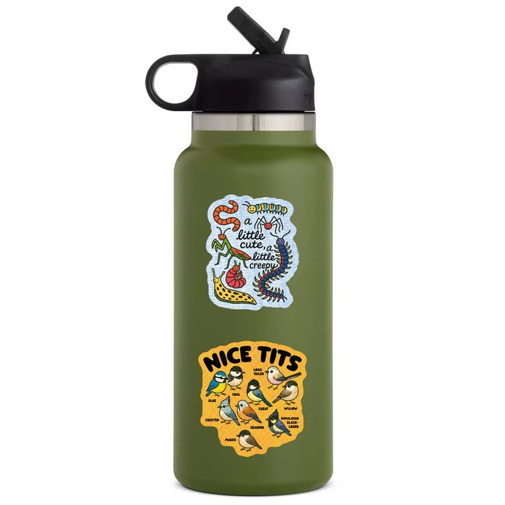 Green water bottle with colorful designs and text on a white background