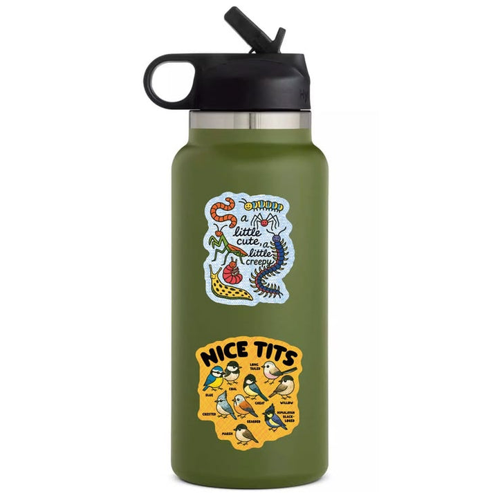 Green water bottle with colorful designs and text on a white background