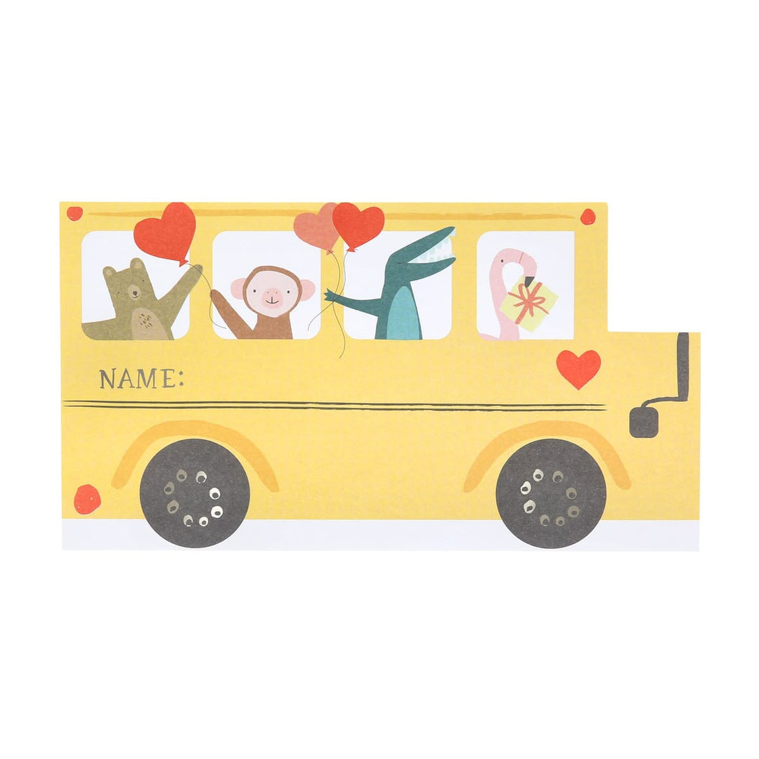 Yellow school bus with cartoon animals and hearts on a white background