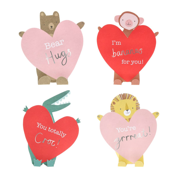 Four heart-shaped animal cards with humorous text on a white background