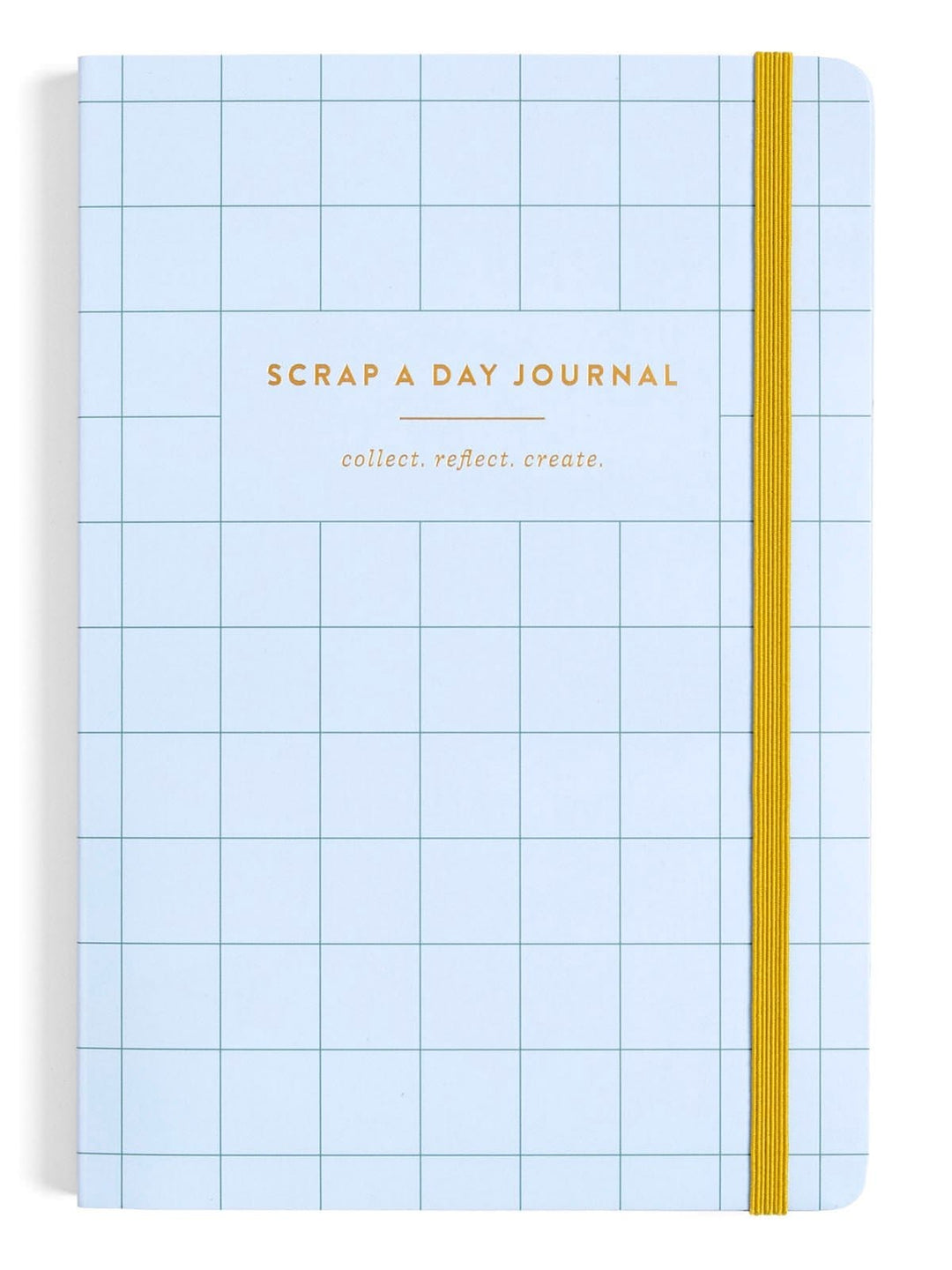 A light blue grid-patterned scrapbook journal with gold foil text reading 'SCRAP A DAY JOURNAL' and 'collect. reflect.