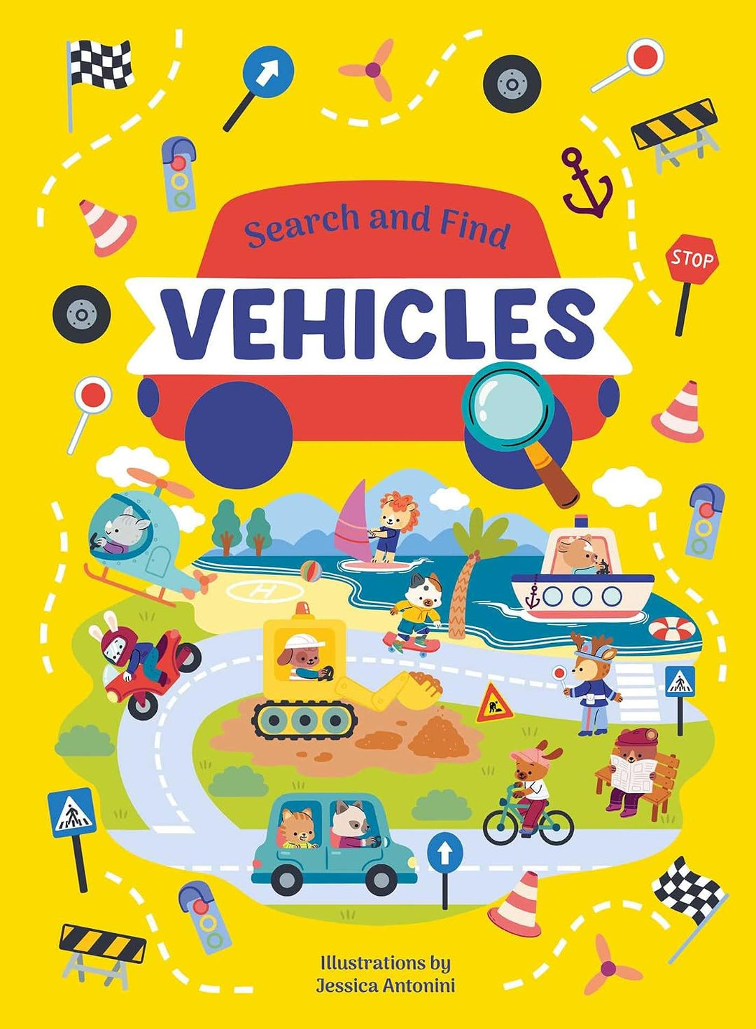 Children's book cover with illustrations of vehicles on a yellow background