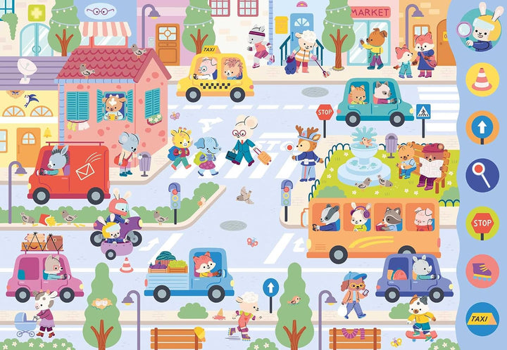 Children's illustration of a colorful city street with animals driving vehicles.