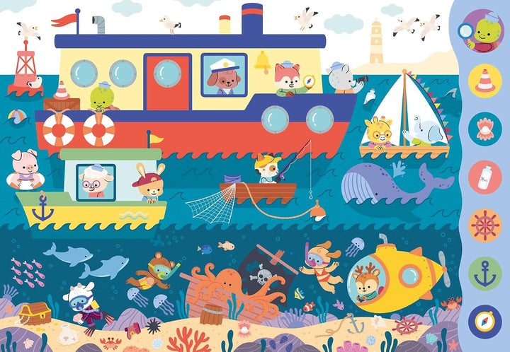 A colorful children's nautical-themed puzzle or activity board featuring cartoon sea creatures, boats, fish, and ocean scenes, with a vertical column of circular icons along the right side.