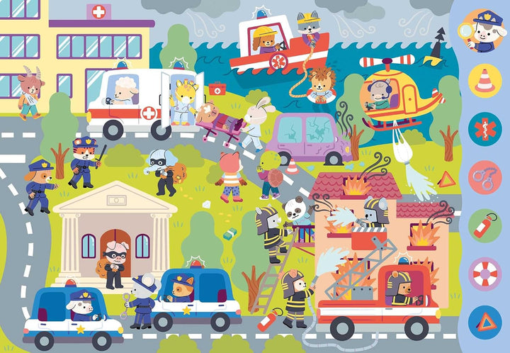 A colorful children's activity board or puzzle featuring a busy emergency scene with cartoon animals and vehicles. The illustration includes an ambulance, fire truck, helicopter, police cars, firefighters, buildings, and a vertical column of colored icons on the right side.