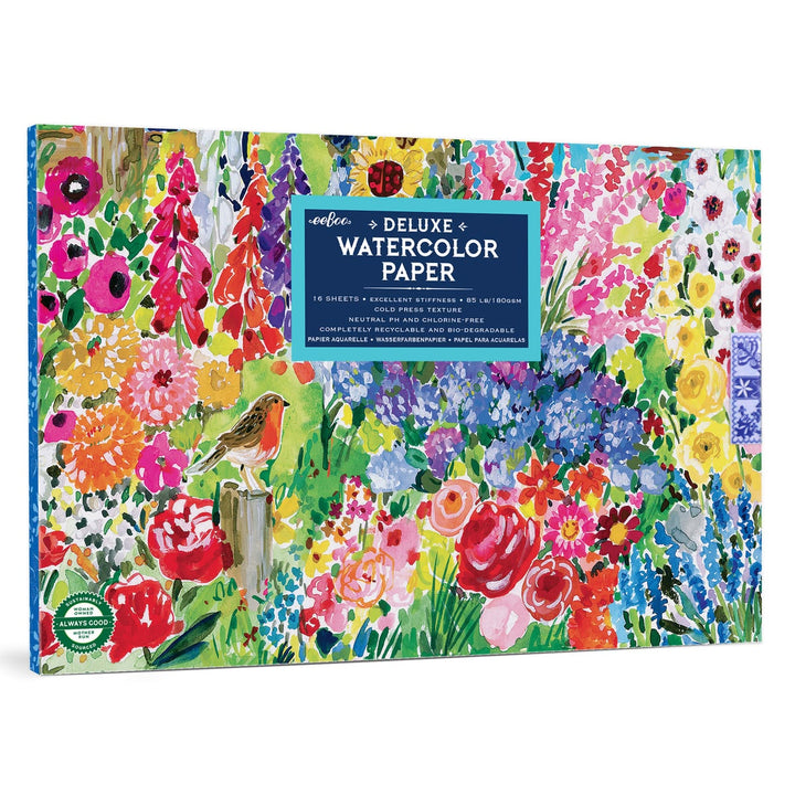 Box of deluxe watercolor paper with floral design and robin illustration