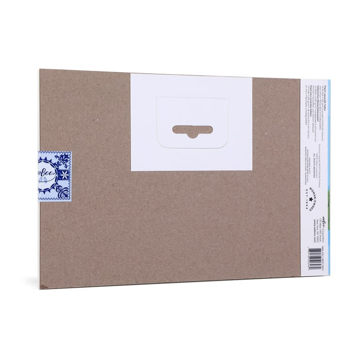 Brown cardboard box with a white label and blue logo on a white background