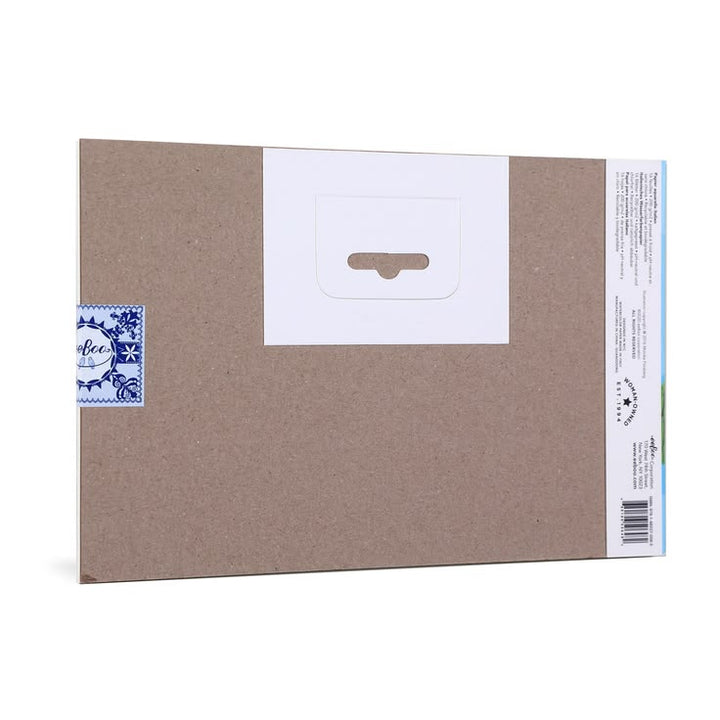 Brown cardboard box with a white label and blue logo on a white background