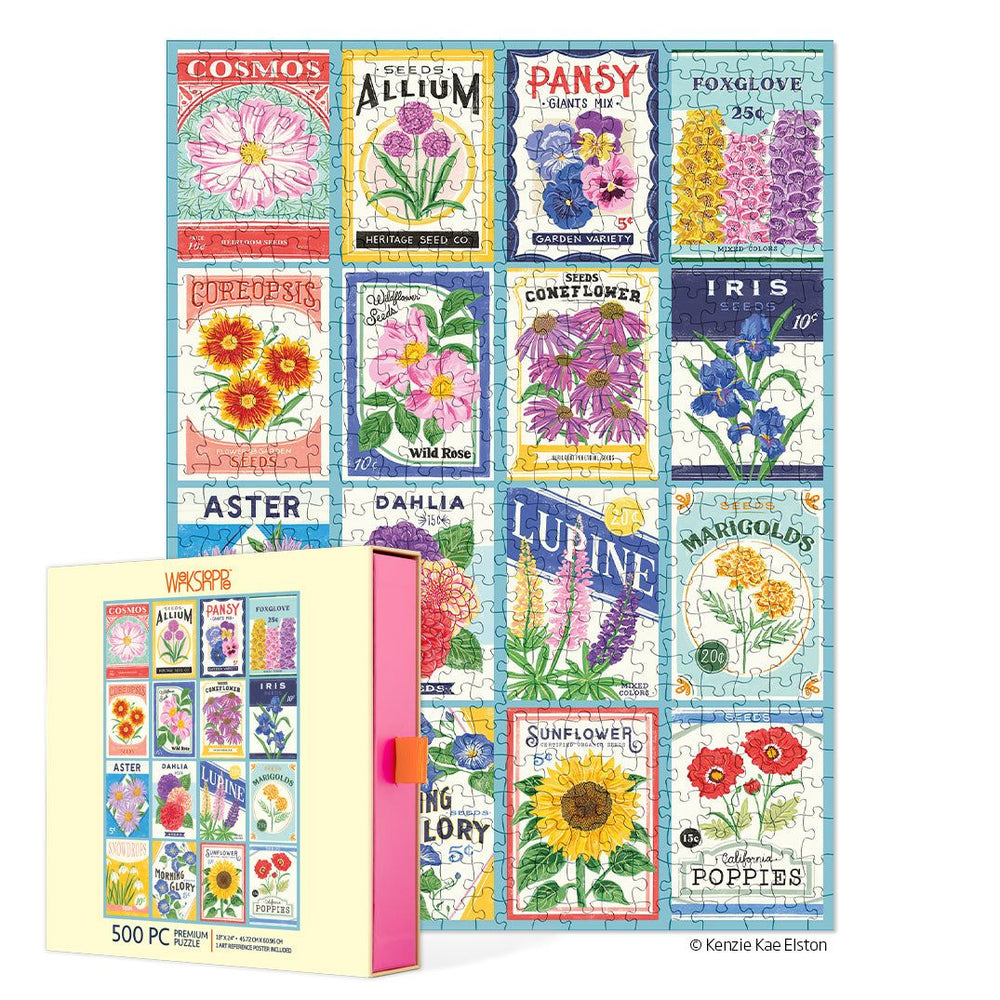 Floral seed packet puzzle with colorful illustrations on a white background