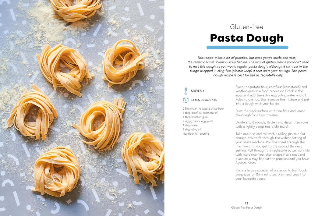 Gluten-free pasta dough recipe with images of pasta on a gray surface