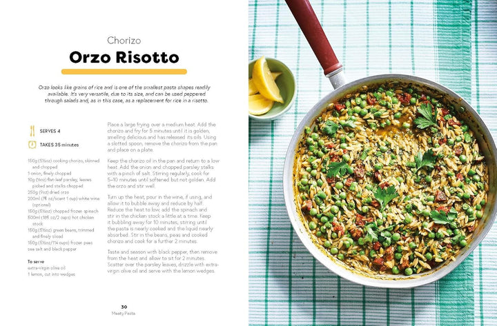 Orzo Risotto in a pan on a green checkered tablecloth with recipe text on the left.