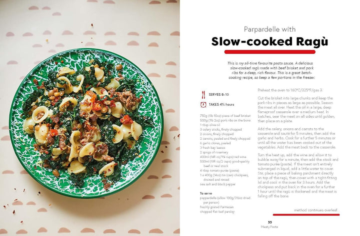 Plate of Farpardelle with Slow-cooked Règu on a patterned background