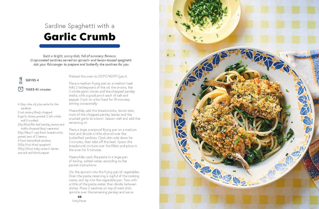 Sardine Spaghetti with Garlic Crumb on a decorative plate on a checkered tablecloth