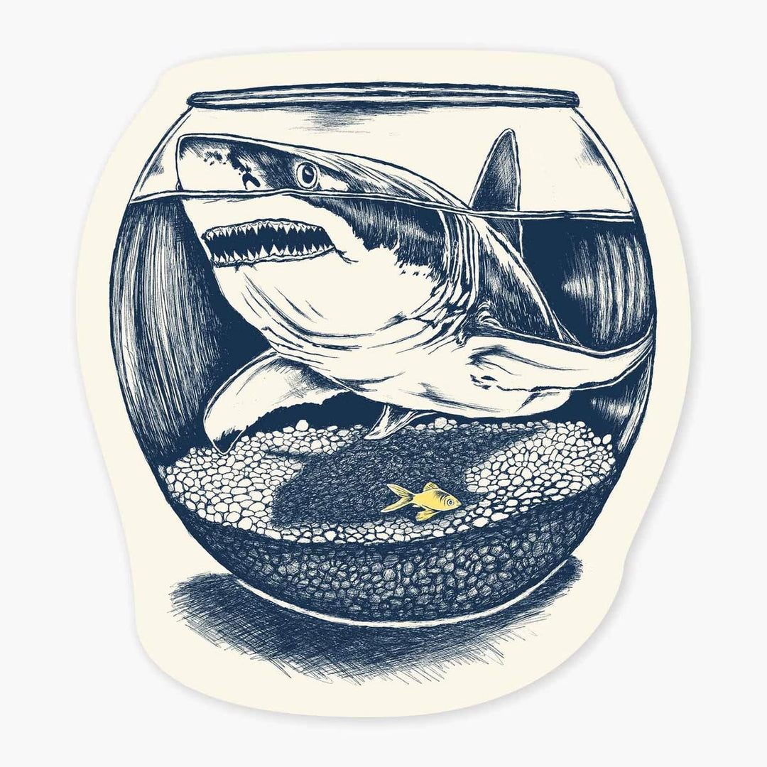 Illustration of a shark in a fishbowl with a goldfish.