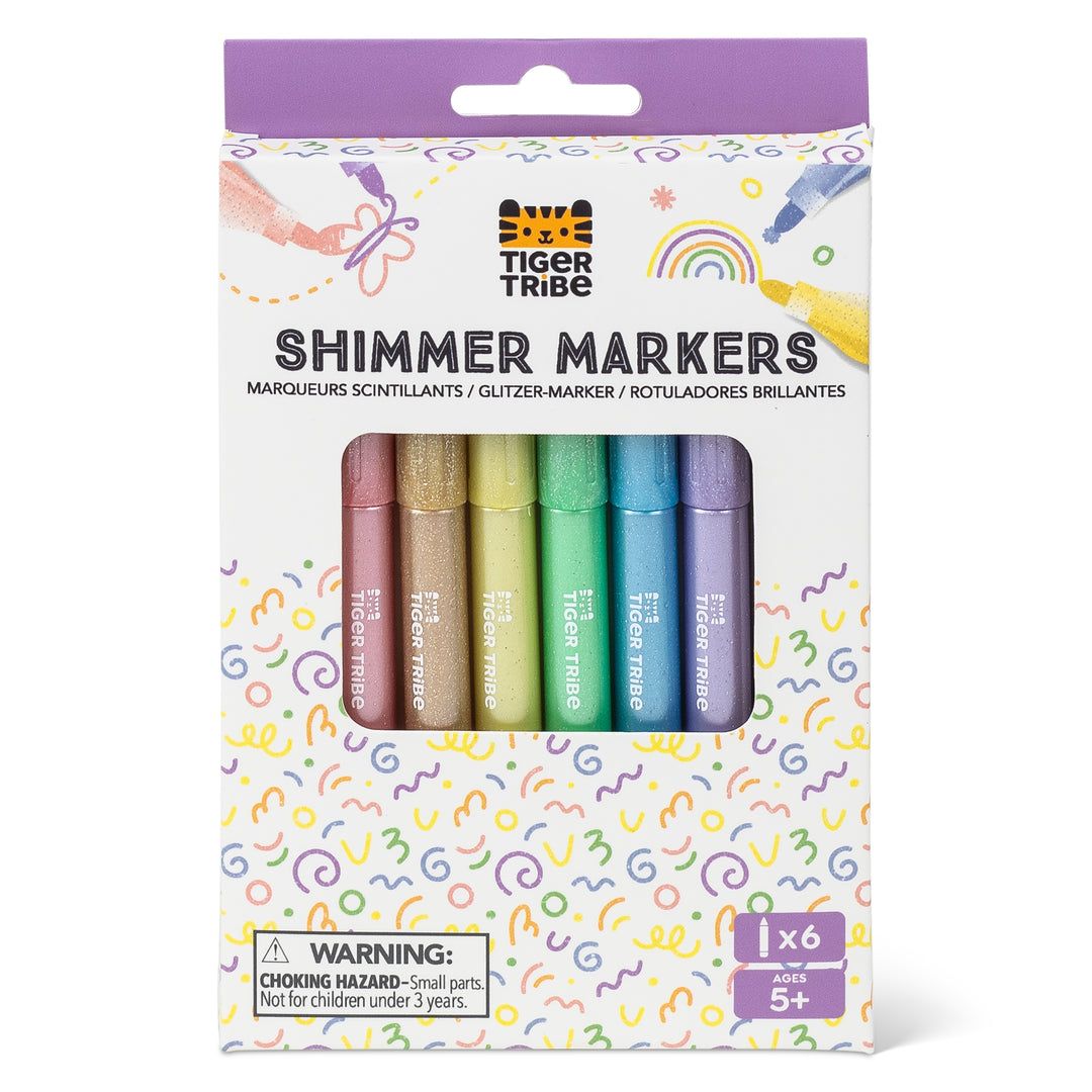 Packaging of Tiger Tribe Shimmer Markers with colorful markers inside