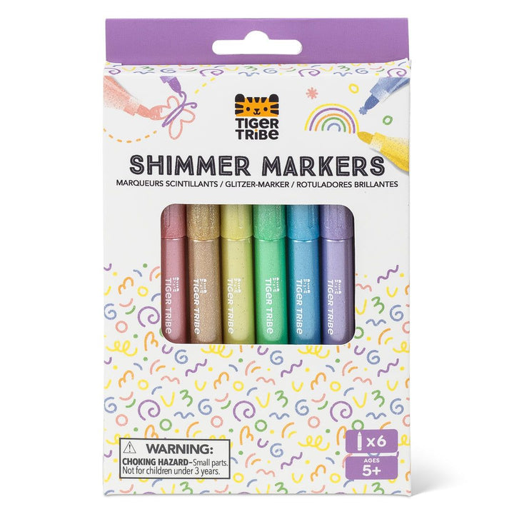 Packaging of Tiger Tribe Shimmer Markers with colorful markers inside