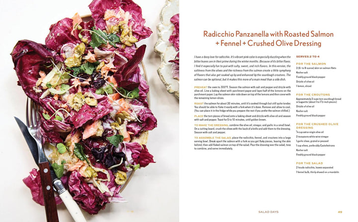 A printed recipe page for Radicchio Panzanella with Roasted Salmon + Fennel + Crushed Olive Dressing, shown alongside a close-up photo of dressed radicchio leaves, salmon, and dressing on a white page with orange text.