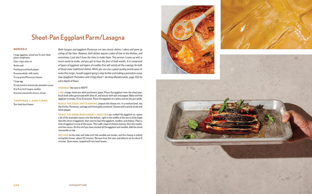 A printed recipe spread page for Sheet-Pan Eggplant Parm/Lasagna, with text on the left and three food photos on the right showing the prepared dish, a close-up of eggplant sauce, and the pasta on a sheet pan being held by a hand.