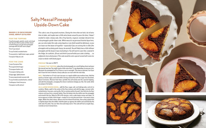 A two-page recipe spread from Sweet Sheets featuring 'Salty Mezel Pineapple Upside-Down Cake.' The left page contains recipe text, and the right page features three photos of the golden-brown cake with pineapple slices, served on a white plate with a slice cut out.