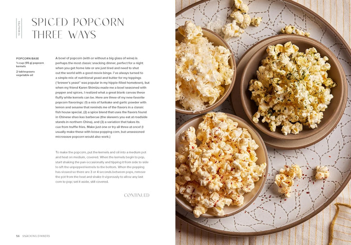 Three bowls of popcorn on a textured surface with text on the left side.