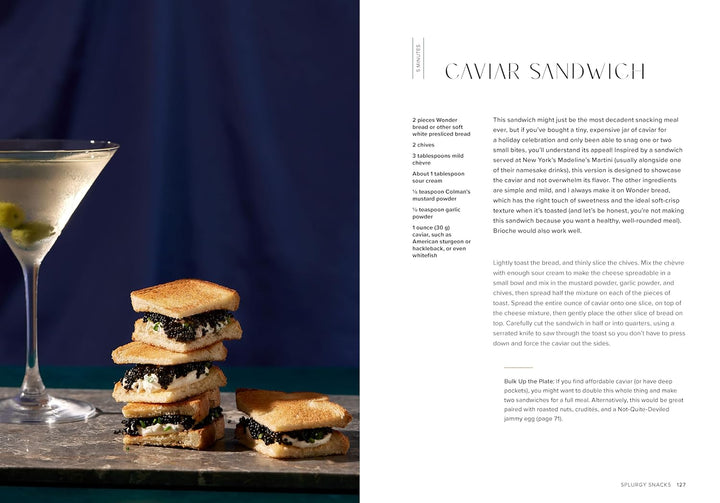 A magazine-style spread featuring a stacked sandwich with black caviar on toasted bread on the left, next to a martini glass, and the recipe text 'Caviar Sandwich' with ingredients and instructions on the right against a dark blue background.