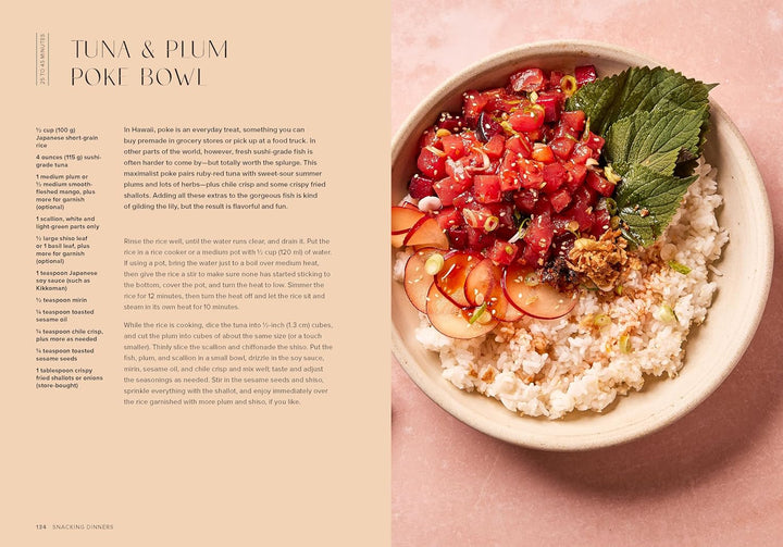 Poke bowl with tuna and plum on a pink background