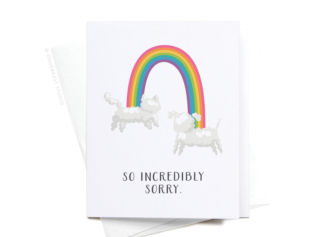Card with rainbow and unicorns and text 'So Incredibly Sorry' on a white background