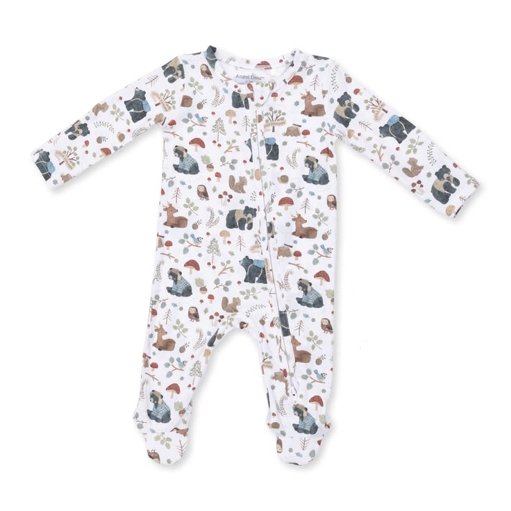 A baby long-sleeve footed sleeper with an all-over woodland animal print on a white background. The print features bears, deer, squirrels, and trees in muted earthy tones.