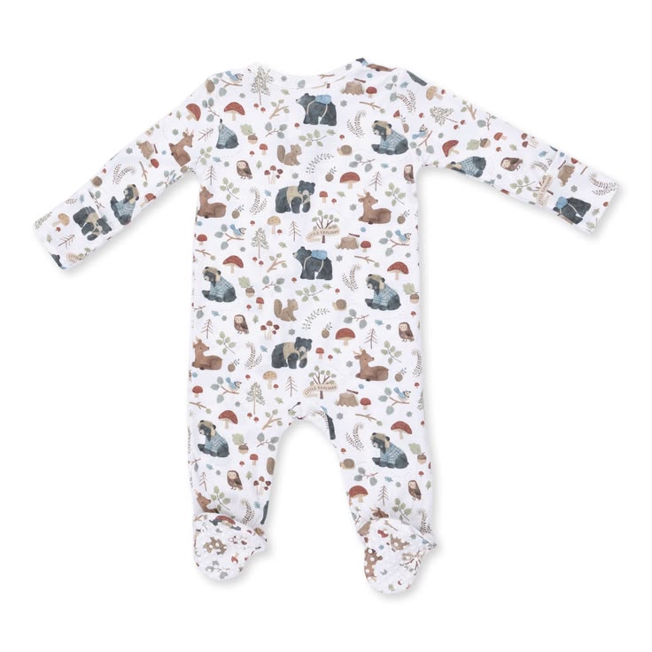 Baby onesie with forest animal pattern on a white background