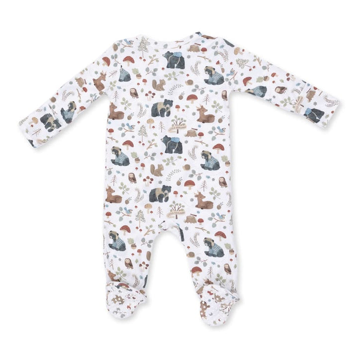 Baby onesie with forest animal pattern on a white background