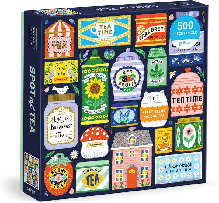 Tea-themed puzzle box with colorful illustrations of tea packaging and related elements.