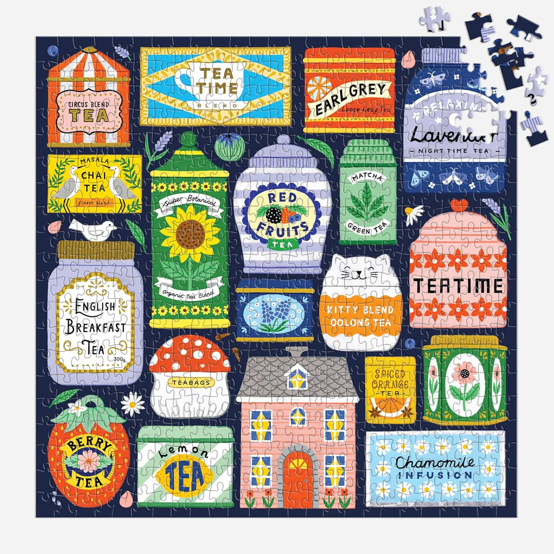 Tea-themed puzzle with colorful illustrations of tea packaging and related items on a blue background.
