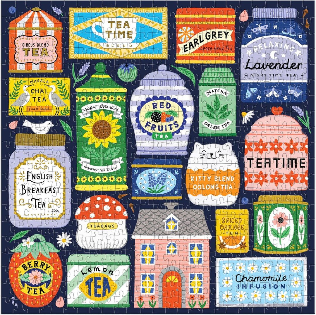 Tea-themed puzzle with various tea packages and related illustrations on a blue background