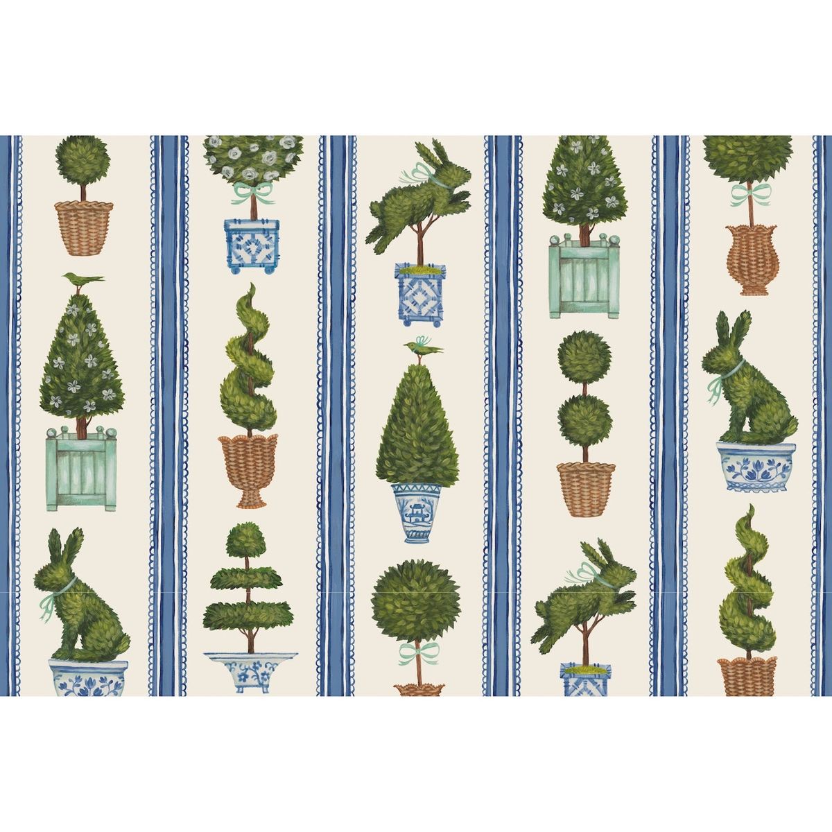 Patterned fabric with topiary and rabbit designs on a striped background