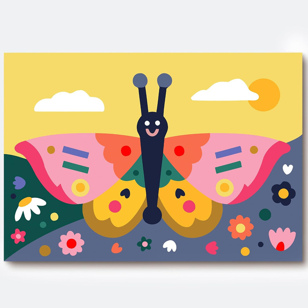 A colorful butterfly illustration centered on a stylized landscape background with a yellow sky, clouds, sun, green hills, and small flowers. The butterfly has pink wings, yellow lower wings, and a dark blue body.