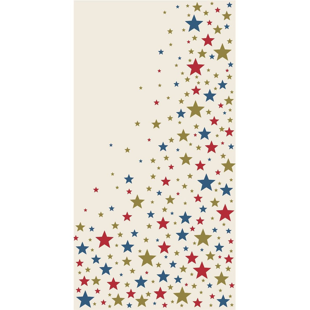 Pattern of red, blue, and gold stars on a beige background