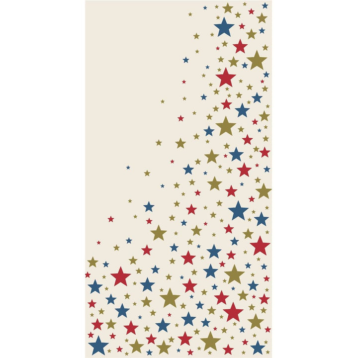 Pattern of red, blue, and gold stars on a beige background