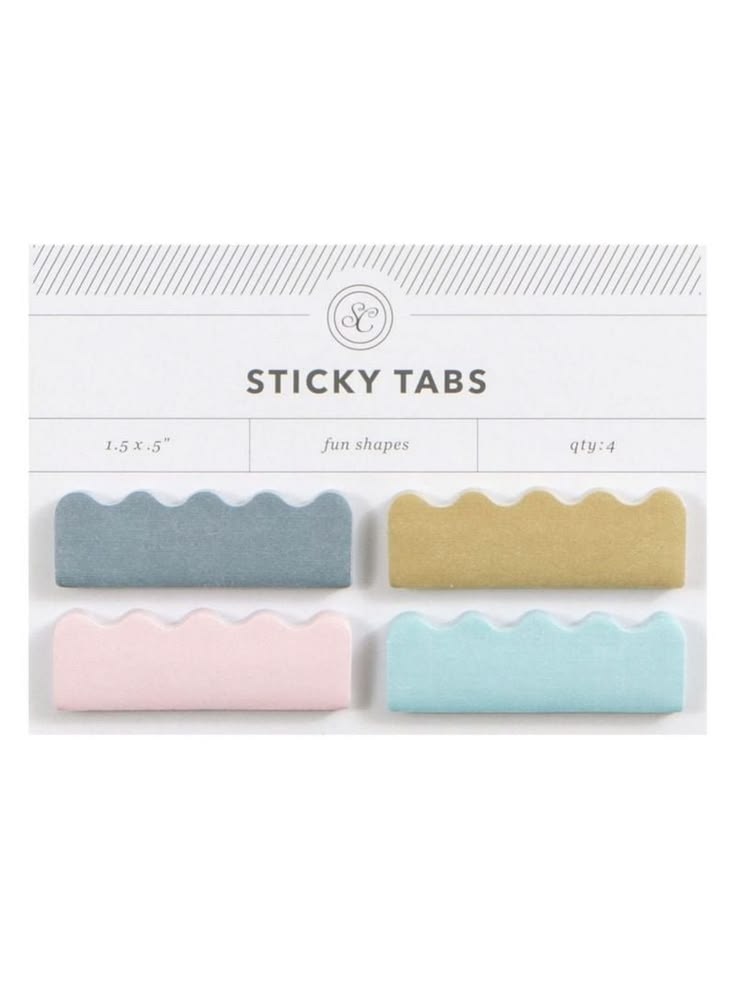 Four scalloped-edge sticky tabs in pastel blue, pink, gold, and light blue, displayed on their white retail backing card labeled 'STICKY TABS'.