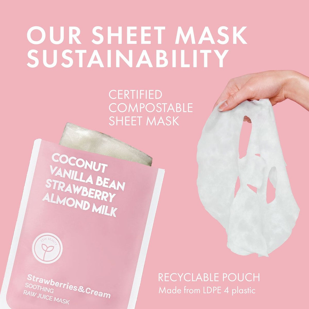 Sheet mask with compostable packaging on a pink background