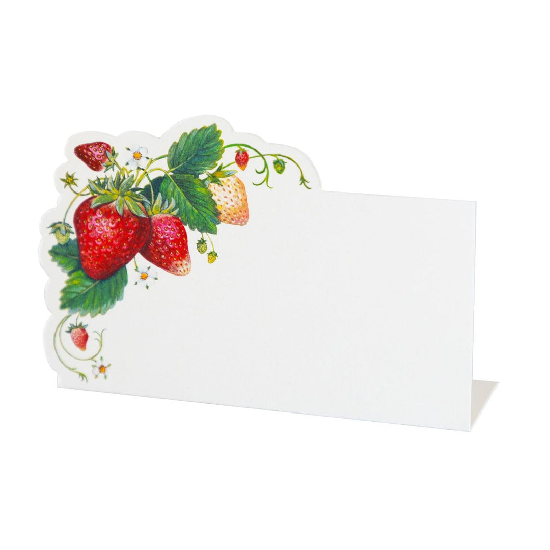 White card with strawberry design on a white background
