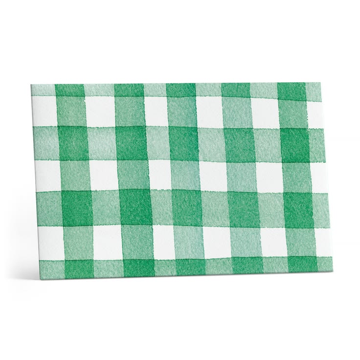 A rectangular canvas print featuring a green and white watercolor gingham check pattern, shown standing upright against a plain white background.