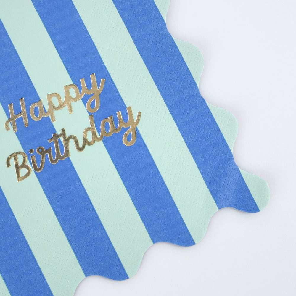 Blue and green striped paper with 'Happy Birthday' text