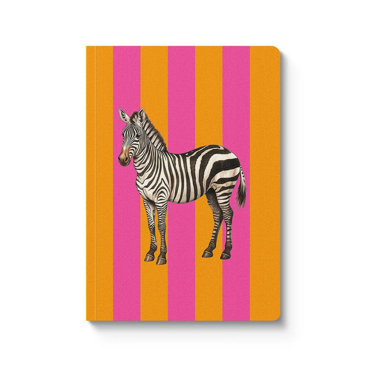 Notebook with a zebra illustration on a pink and orange striped background